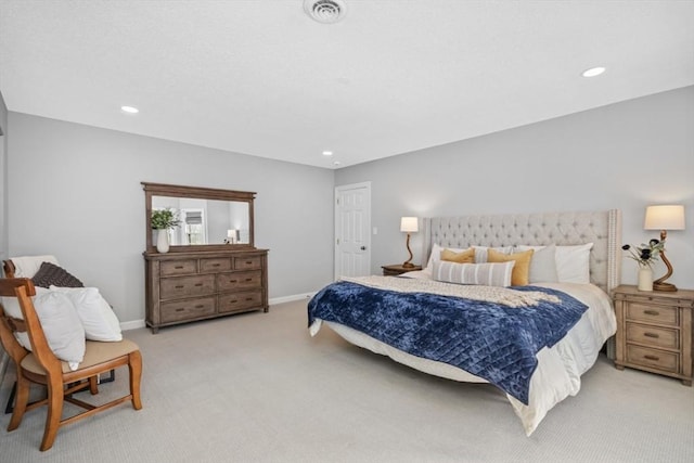 bedroom with baseboards, recessed lighting, visible vents, and light colored carpet