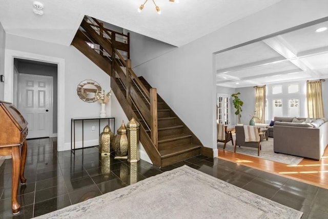 stairway featuring recessed lighting, coffered ceiling, baseboards, french doors, and beam ceiling