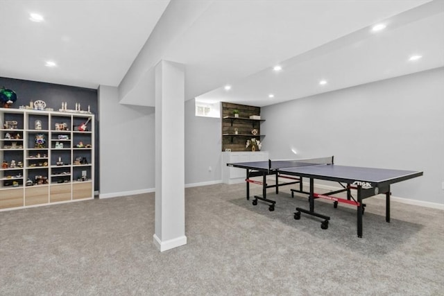 recreation room with light carpet, baseboards, and recessed lighting