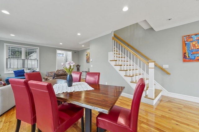 10 Stone St Unit 1, Auburn, MA 01501 - dining space with crown molding, recessed lighting, stairway, wood finished floors, and baseboards