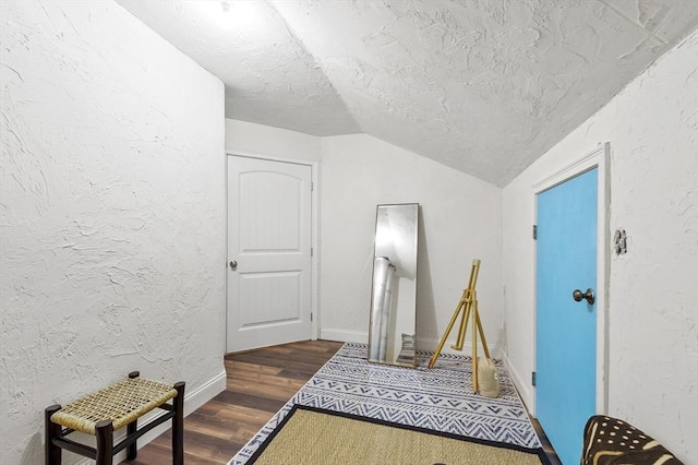 10 Stone St Unit 1, Auburn, MA 01501 - interior space featuring baseboards, vaulted ceiling, a textured wall, dark wood-style floors, and a textured ceiling