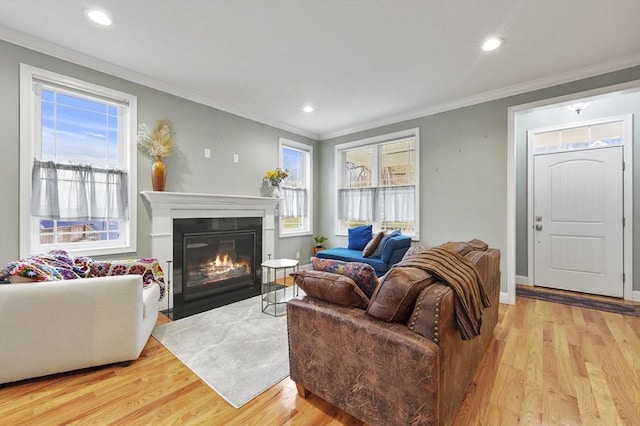 10 Stone St Unit 1, Auburn, MA 01501 - living room featuring crown molding, recessed lighting, light wood-style floors, and a fireplace with flush hearth