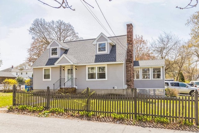 14 Greenville St, Billerica, MA 01821 - cape cod house with a fenced front yard, a chimney, a shingled roof, and a front lawn