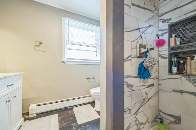14 Greenville St, Billerica, MA 01821 - full bathroom featuring vanity, a baseboard radiator, a tile shower, and toilet