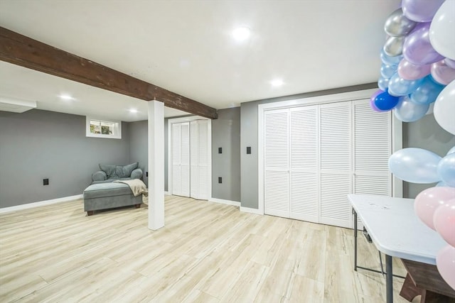 14 Greenville St, Billerica, MA 01821 - living area featuring recessed lighting, baseboards, light wood finished floors, and beam ceiling