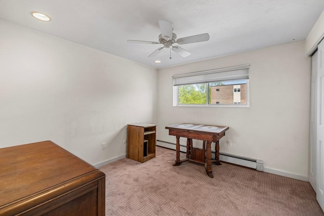 office area featuring ceiling fan, light colored carpet, baseboard heating, baseboards, and recessed lighting