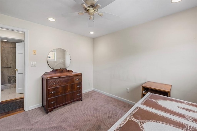 carpeted bedroom with recessed lighting, a ceiling fan, and baseboards