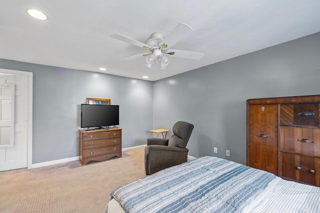 bedroom featuring recessed lighting, baseboards, a ceiling fan, and carpet