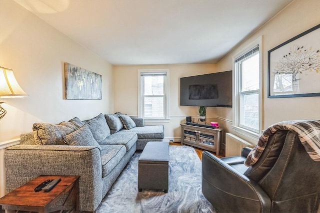 living room featuring radiator heating unit