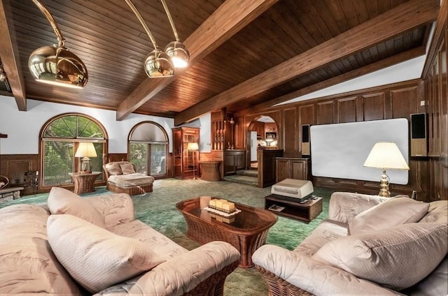242 Eastwood Dr, Westfield, MA 01085 - carpeted living area with a wainscoted wall, wood ceiling, arched walkways, and wood walls
