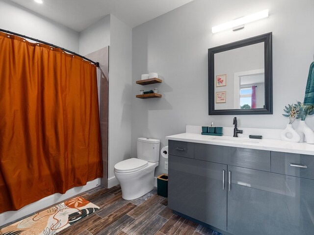 bathroom with vanity, toilet, wood-type flooring, and a shower with curtain