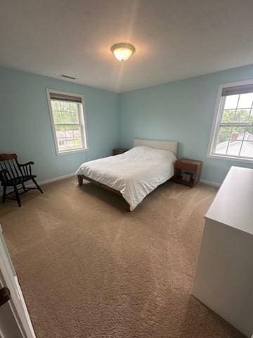 bedroom with light carpet, multiple windows, and baseboards