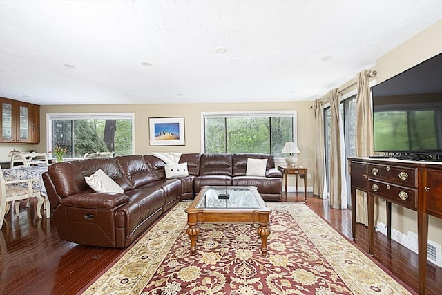 living room featuring wood-type flooring, plenty of natural light, and baseboards