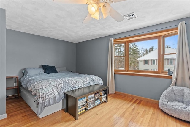 bedroom with ceiling fan and light hardwood / wood-style floors