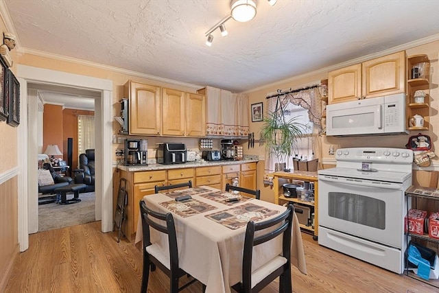 kitchen featuring white appliances, light wood-type flooring, crown molding, light brown cabinets, and a textured ceiling