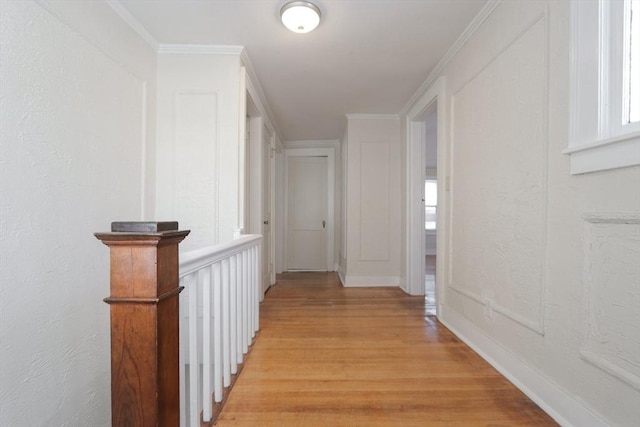 hall featuring ornamental molding and light hardwood / wood-style floors