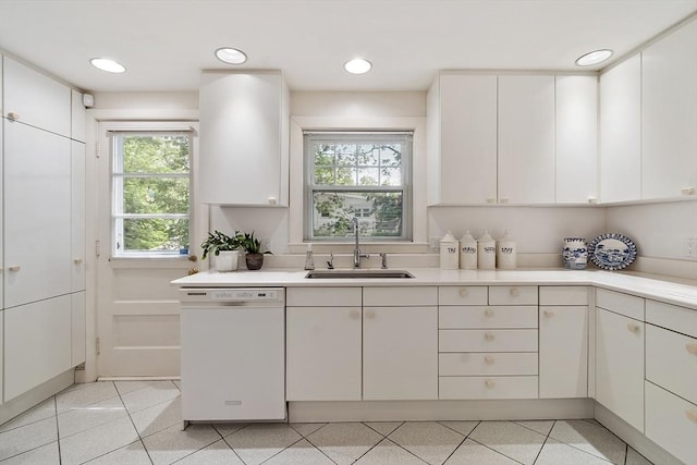 5 Summit View Dr, Swampscott, MA 01907 - kitchen with dishwasher, light countertops, white cabinets, light tile patterned floors, and recessed lighting