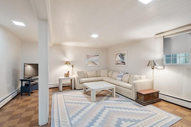 5 Summit View Dr, Swampscott, MA 01907 - living room featuring baseboard heating, crown molding, and tile patterned floors