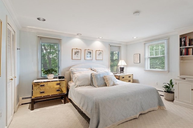 5 Summit View Dr, Swampscott, MA 01907 - carpeted bedroom with a baseboard radiator, ornamental molding, and recessed lighting