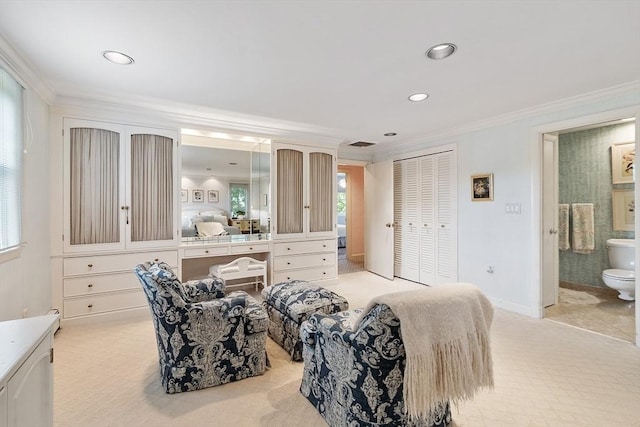 5 Summit View Dr, Swampscott, MA 01907 - bedroom with light carpet, ornamental molding, recessed lighting, multiple windows, and ensuite bath