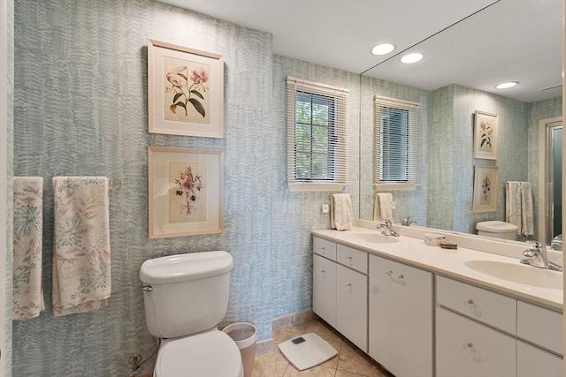 5 Summit View Dr, Swampscott, MA 01907 - bathroom with double vanity, tile patterned flooring, recessed lighting, and wallpapered walls