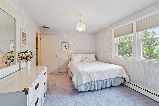 5 Summit View Dr, Swampscott, MA 01907 - bedroom featuring wallpapered walls, a baseboard heating unit, light carpet, and a chandelier