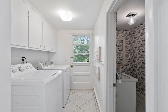 5 Summit View Dr, Swampscott, MA 01907 - laundry area featuring cabinet space, washing machine and dryer, light tile patterned floors, wallpapered walls, and baseboard heating