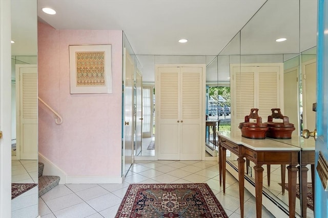 5 Summit View Dr, Swampscott, MA 01907 - entryway featuring light tile patterned floors, a baseboard heating unit, stairs, and recessed lighting