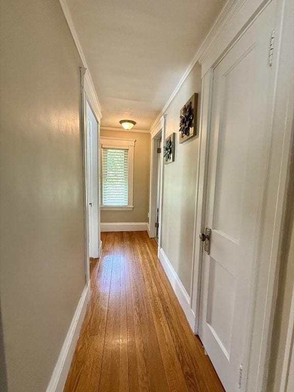 hallway featuring hardwood / wood-style floors, baseboards, and ornamental molding