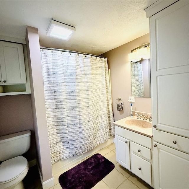 full bathroom with toilet, tile patterned flooring, vanity, and a shower with shower curtain