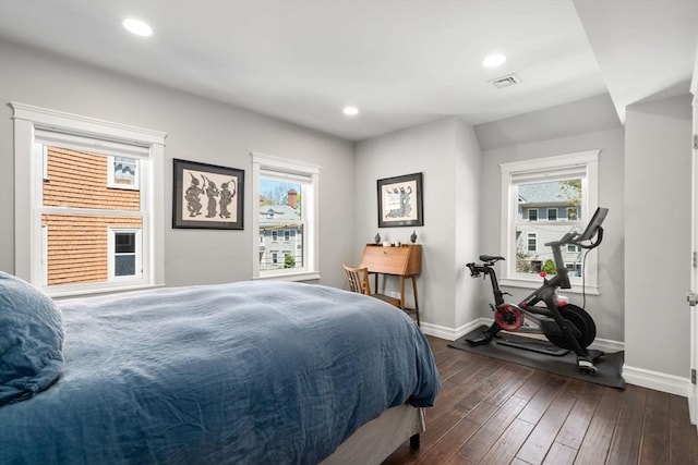bedroom featuring baseboards, recessed lighting, visible vents, and dark wood-style floors