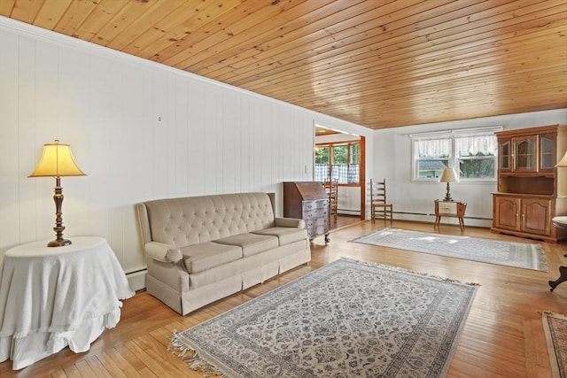 20 Houghton St, Webster, MA 01570 - living area with wood ceiling, a baseboard heating unit, hardwood / wood-style floors, and ornamental molding