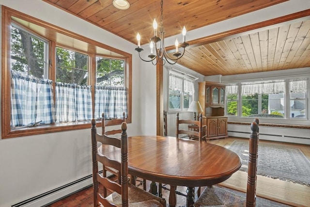 20 Houghton St, Webster, MA 01570 - dining room with wood ceiling, a baseboard heating unit, and a chandelier