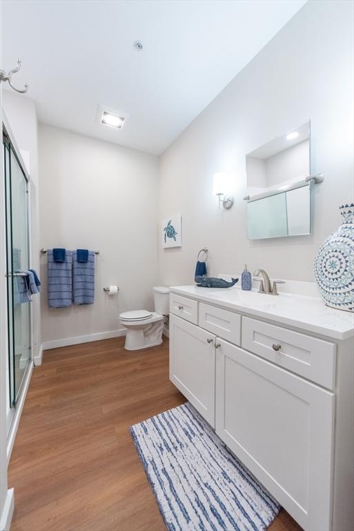 bathroom with hardwood / wood-style flooring, vanity, and toilet