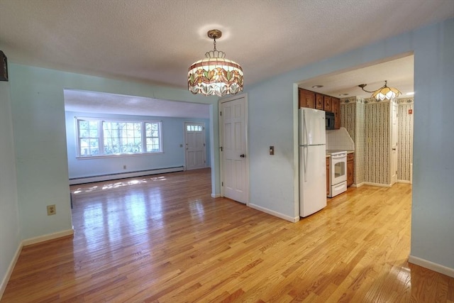 175 Knotty Pine Ln, Barnstable, MA 02632 - unfurnished dining area featuring a baseboard radiator, light wood finished floors, baseboards, a chandelier, and a textured ceiling