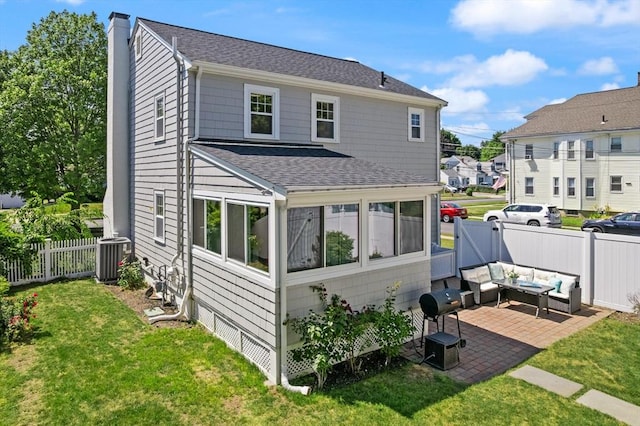 85 Loring Ave, Winchester, MA 01890 - rear view of property with a shingled roof, a chimney, a patio area, an outdoor living space, and a gate