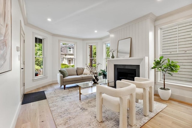8 Holly Ave Unit 1, Cambridge, MA 02138 - living room featuring baseboards, crown molding, wood finished floors, a fireplace, and recessed lighting