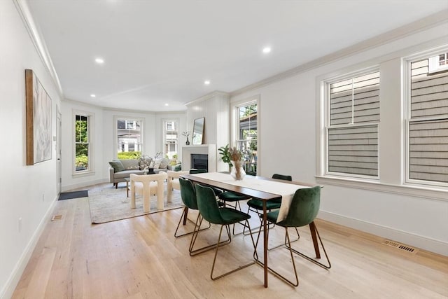 8 Holly Ave Unit 1, Cambridge, MA 02138 - dining room featuring crown molding, light wood finished floors, baseboards, a fireplace, and recessed lighting