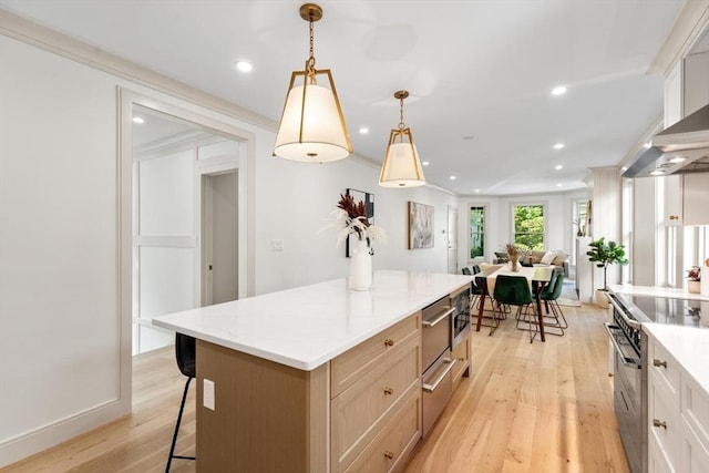 8 Holly Ave Unit 1, Cambridge, MA 02138 - kitchen with stainless steel stove, light wood finished floors, recessed lighting, open floor plan, and a kitchen bar