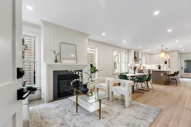 8 Holly Ave Unit 1, Cambridge, MA 02138 - living room featuring crown molding, recessed lighting, light wood finished floors, and a premium fireplace