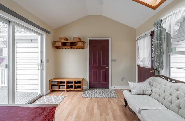 interior space featuring vaulted ceiling, light wood-style floors, baseboards, and a wealth of natural light