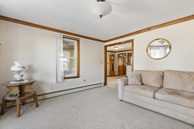 carpeted living area featuring a baseboard heating unit, a textured ceiling, and ornamental molding