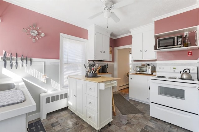 kitchen with radiator heating unit, ornamental molding, white cabinetry, stainless steel microwave, and white range with electric stovetop