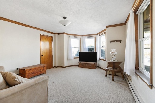 sitting room featuring light carpet, a textured ceiling, crown molding, baseboards, and baseboard heating