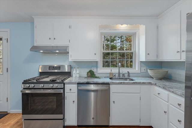 kitchen featuring backsplash, appliances with stainless steel finishes, white cabinetry, light hardwood / wood-style flooring, and sink