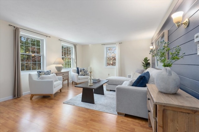 living room with light hardwood / wood-style floors and a wealth of natural light