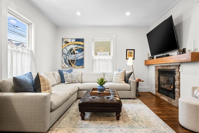 living room with crown molding, a stone fireplace, and dark wood-type flooring