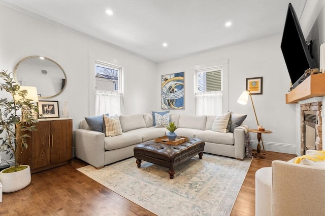 living room with a stone fireplace and hardwood / wood-style floors