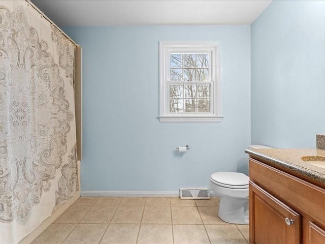 full bath featuring visible vents, baseboards, toilet, tile patterned flooring, and vanity