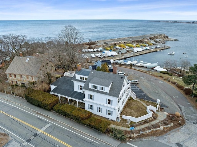 aerial view featuring a water view